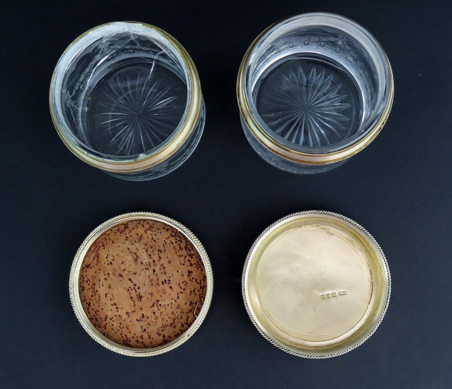 Superb Pair 1927 English Sterling Silver Gilt Cut Glass Dresser Powder Jars
