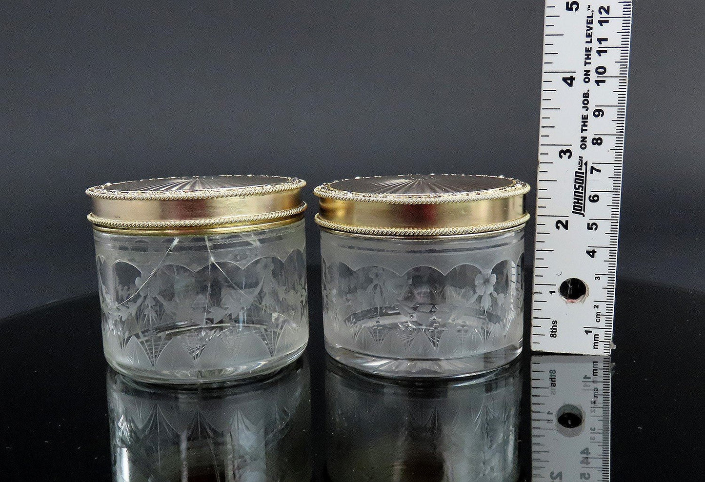 Superb Pair 1927 English Sterling Silver Gilt Cut Glass Dresser Powder Jars