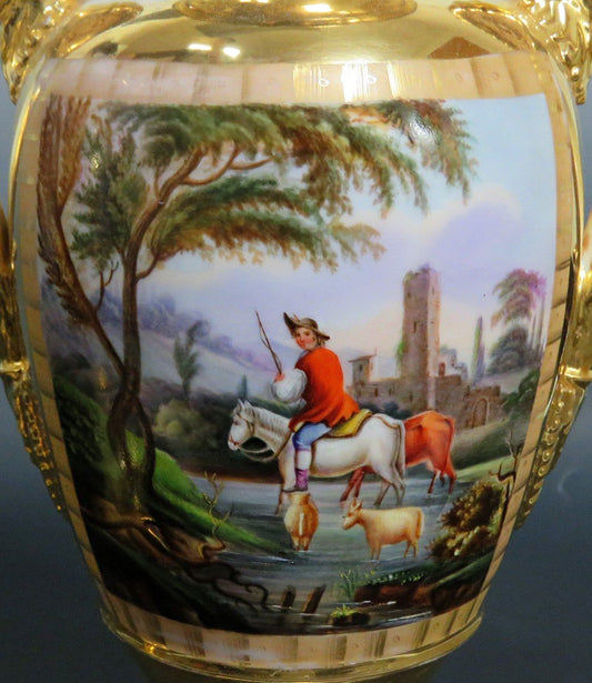 c1830s Fantastic Pair Paris Porcelain Gilt Hand Painted Grecian Urns