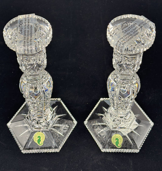 Pristine Pair Waterford Irish Crystal Glass 8.5" Hardwick Candlesticks