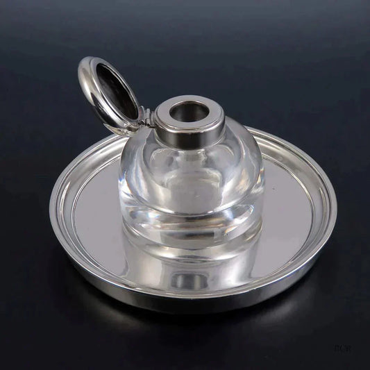 Fine 1824 Georgian English Sterling Silver & Glass Inkwell w Tray