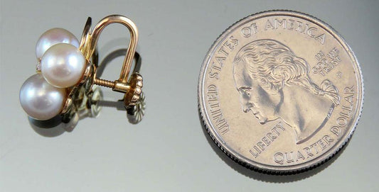 Classy 14k Yellow Gold Pearl Diamond 3 Leaf Clover Screwback Earrings