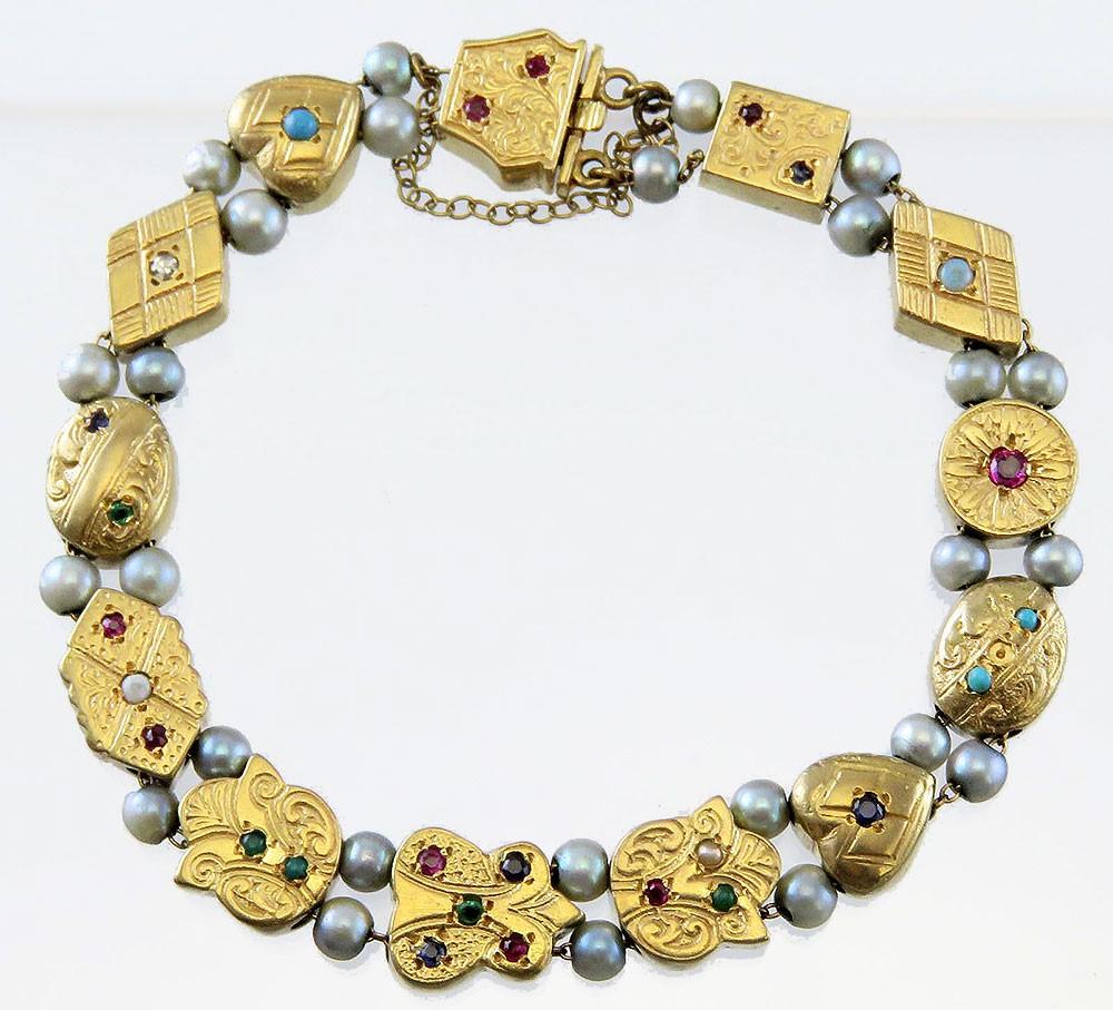 Elegant 14k Gold Multi Gemstone Slide Charm Bracelet Diamond Ruby Sapphire Pearl