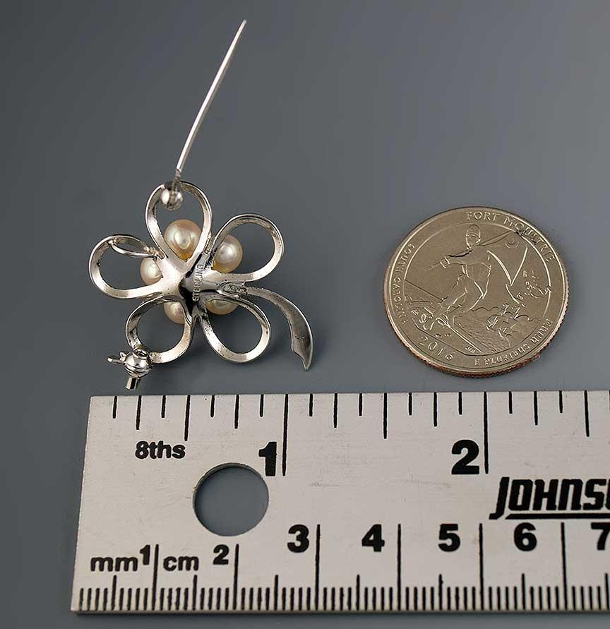 Stylish Vintage Sterling Silver Pearl Flower Floral Pin / Brooch / Pendant