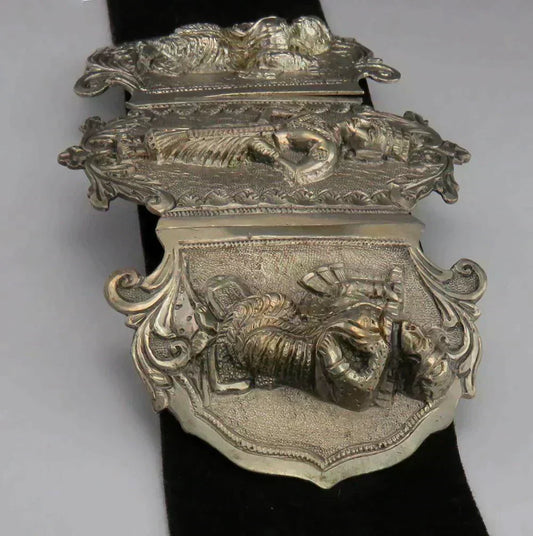 Antique 19th Century Thai or Indian Elaborate Silver Belt Buckle Triptych Style