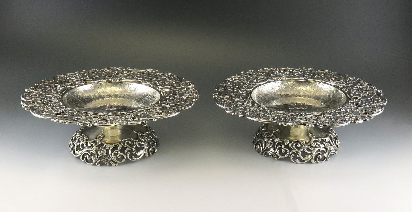 2 Antique Art Nouveau Victorian Sterling Silver Pedestal Dishes Compotes Tazzas