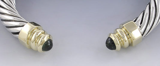 Sterling Silver 14k Gold & Green Tourmaline Cable Twist Torc Bangle Bracelet