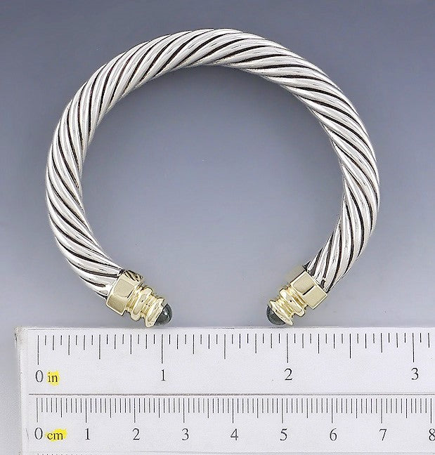 Sterling Silver 14k Gold & Green Tourmaline Cable Twist Torc Bangle Bracelet