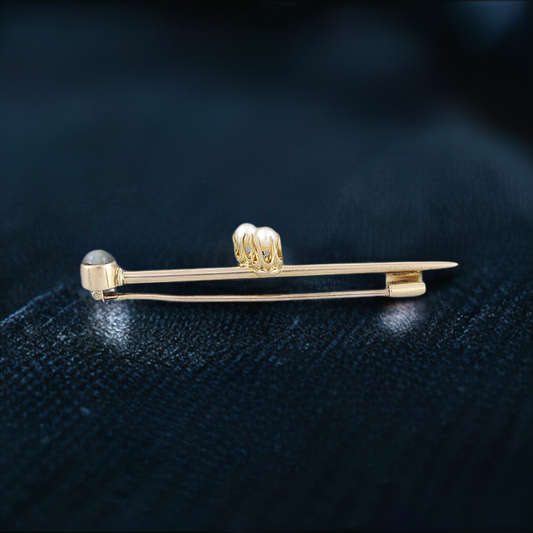Antique 14k Yellow Gold Bar Pin Pearls Blue Hawk's Eye 1870s-1880s Brooch
