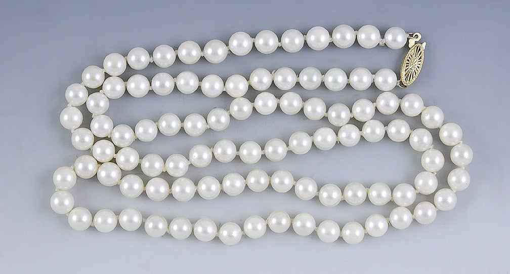 Fine Knotted Strand of Pearls Necklace w/14K Filigree Clasp