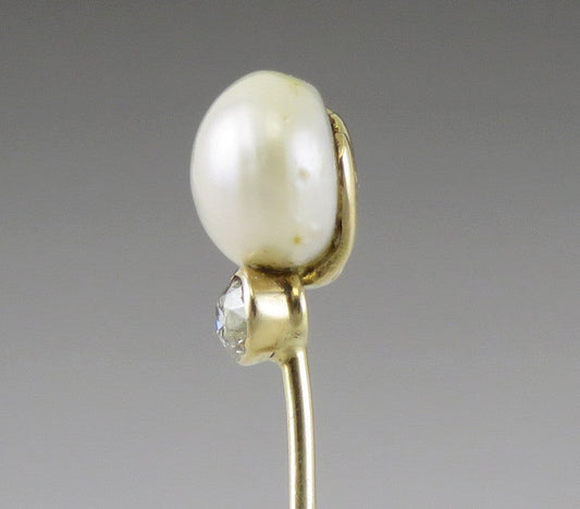 Antique c1900 14K Yellow Gold Natural Pearl Diamond Gemstone Stickpin