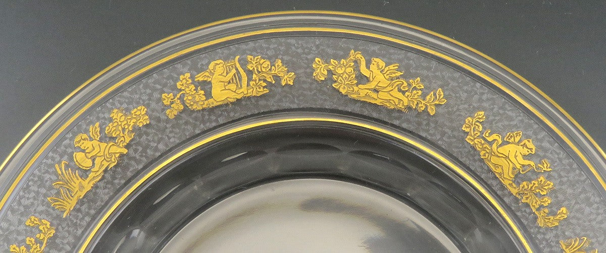 10 Val St Lambert Danse de Flore Gold Crystal Glass Dinner Plates 8 5/8"
