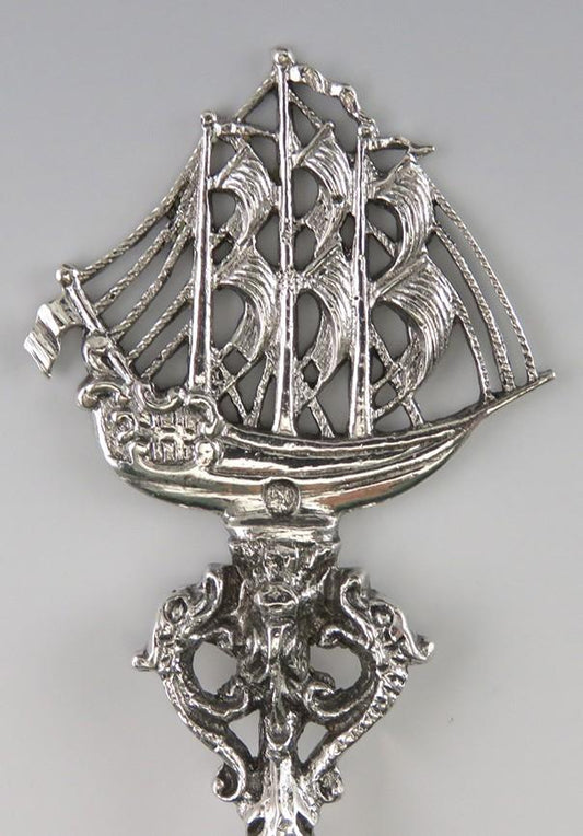 Antique 1902 Dutch Silver Twist Form Brigantine War Ship Boat Serving Spoon