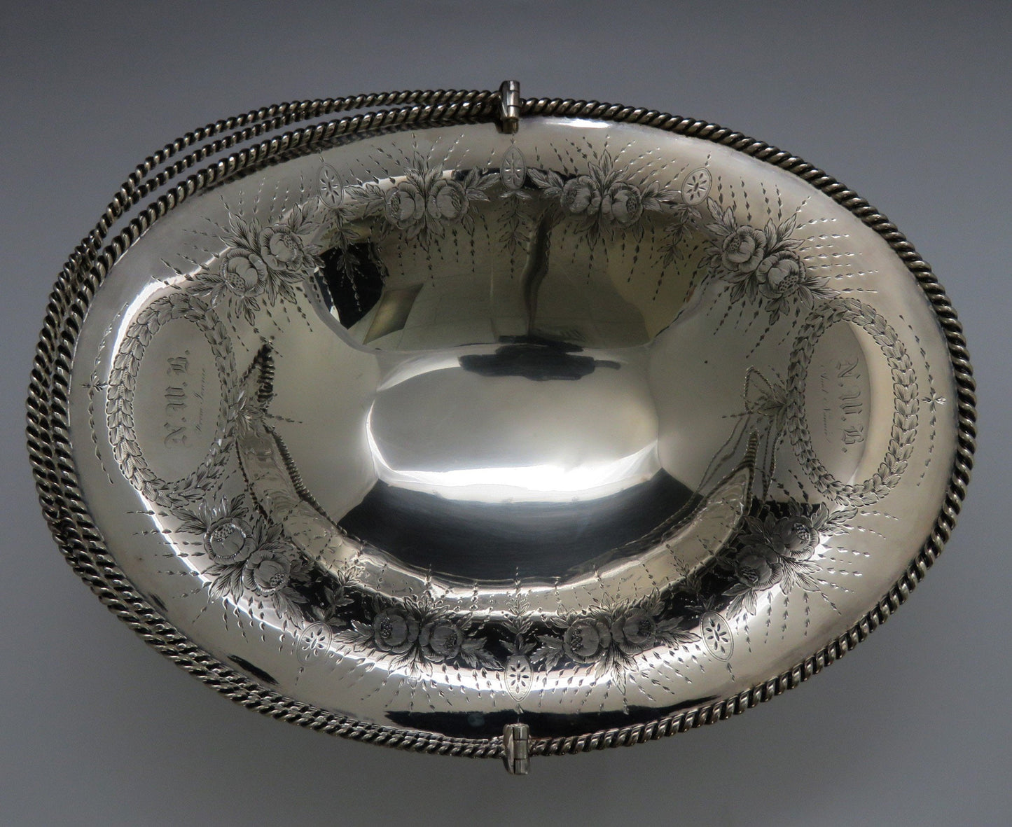 c1850s Superb American 950 Silver Ropetwist Swing Handle Basket Eoff & Shepard
