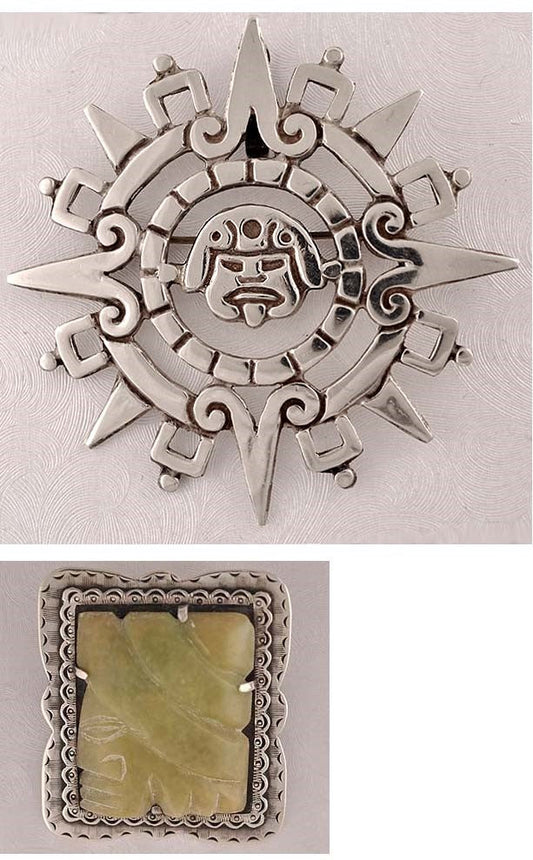 2 Sterling Mexican Pins/Brooches Pendant Green Stone