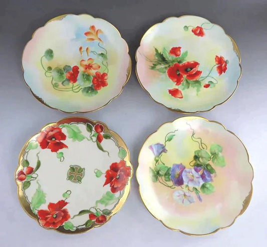 4 Antique Porcelain Hand Painted Gilt Flower Salad Plates