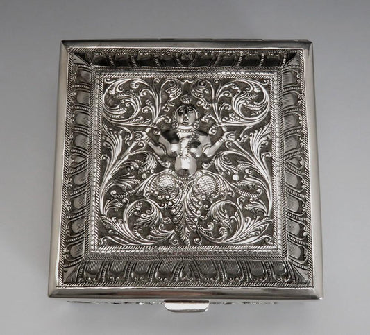 Antique Asian Silver Hand Chased Deity & Elephant Cigarette Box