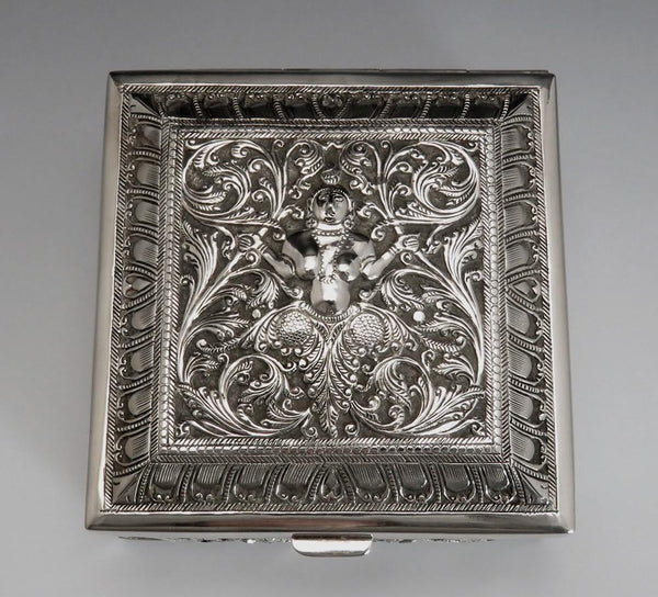 Antique Asian Silver Hand Chased Deity & Elephant Cigarette Box