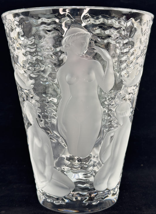 Stunning Signed Lalique Ondines Glass Frosted Nude Water Nymph Bathers 9.5" Vase