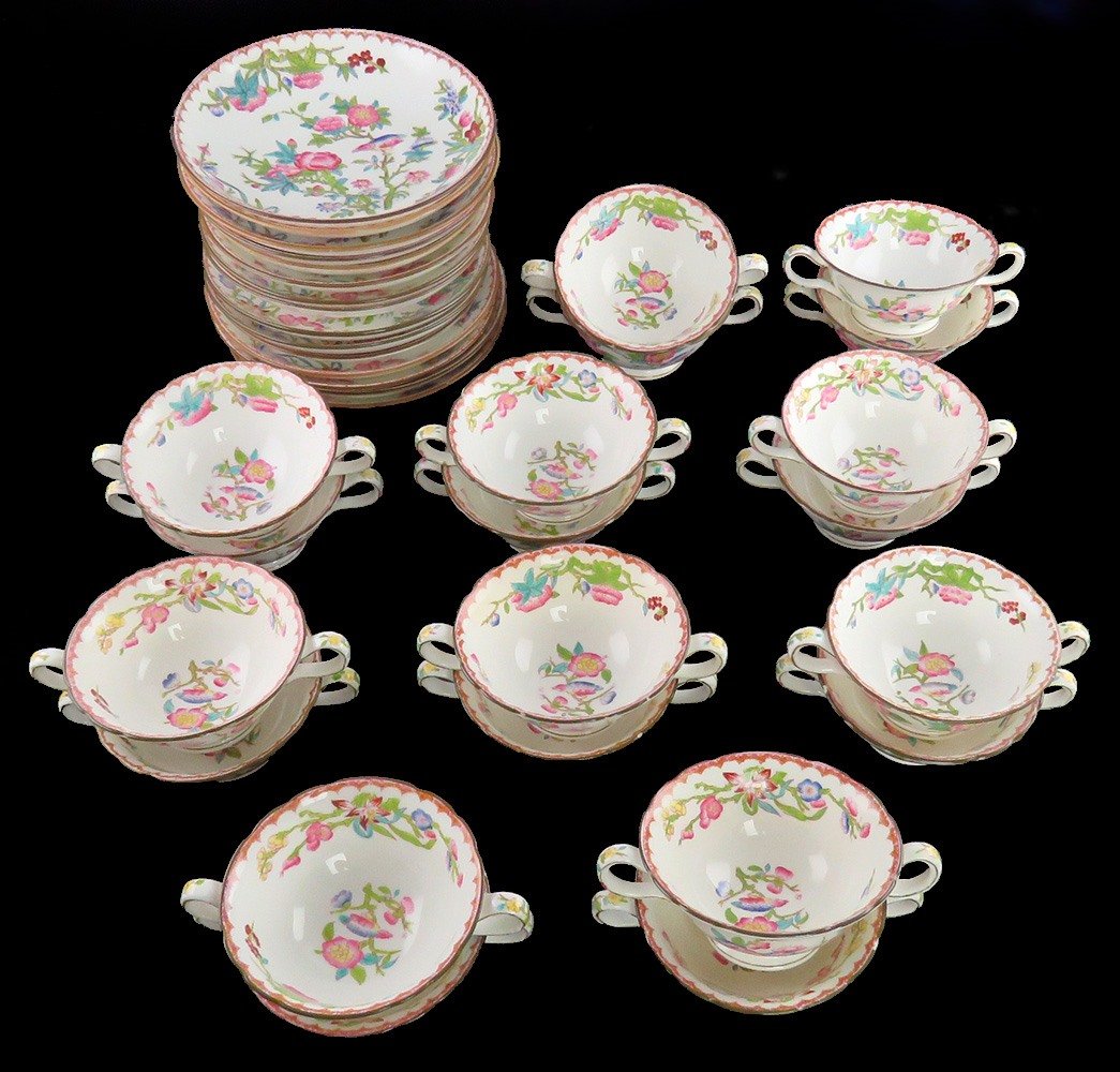 15 Antique English Porcelain Minton Bird Flower Pattern Bouillon Cups & Saucers