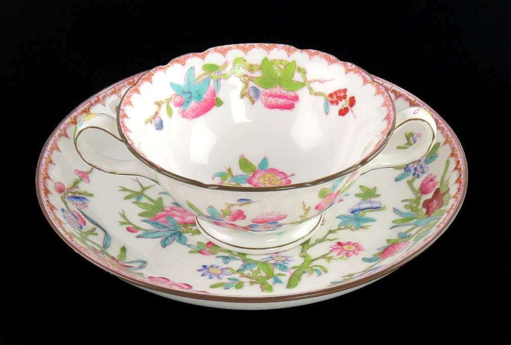 15 Antique English Porcelain Minton Bird Flower Pattern Bouillon Cups & Saucers
