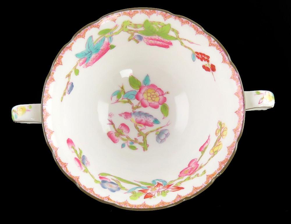15 Antique English Porcelain Minton Bird Flower Pattern Bouillon Cups & Saucers