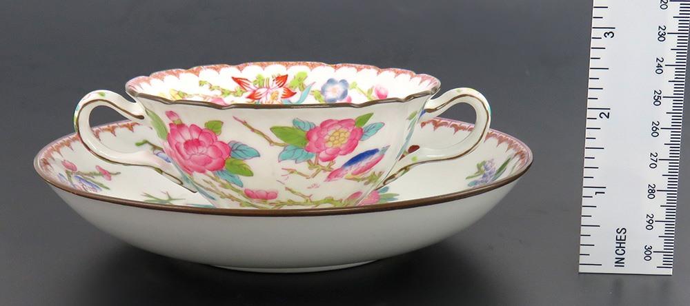 15 Antique English Porcelain Minton Bird Flower Pattern Bouillon Cups & Saucers