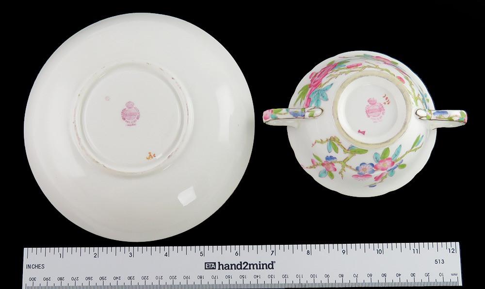 15 Antique English Porcelain Minton Bird Flower Pattern Bouillon Cups & Saucers