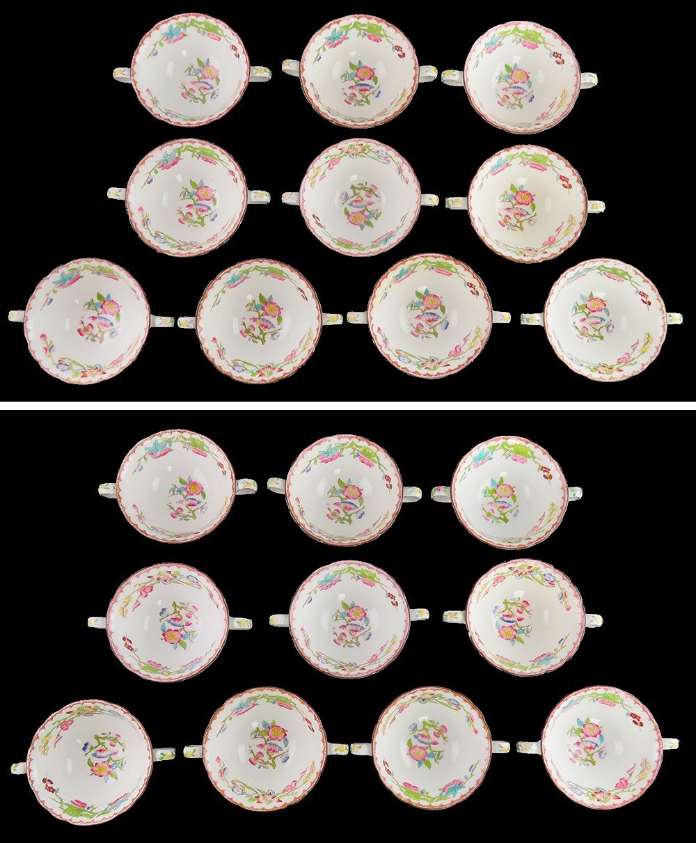 15 Antique English Porcelain Minton Bird Flower Pattern Bouillon Cups & Saucers