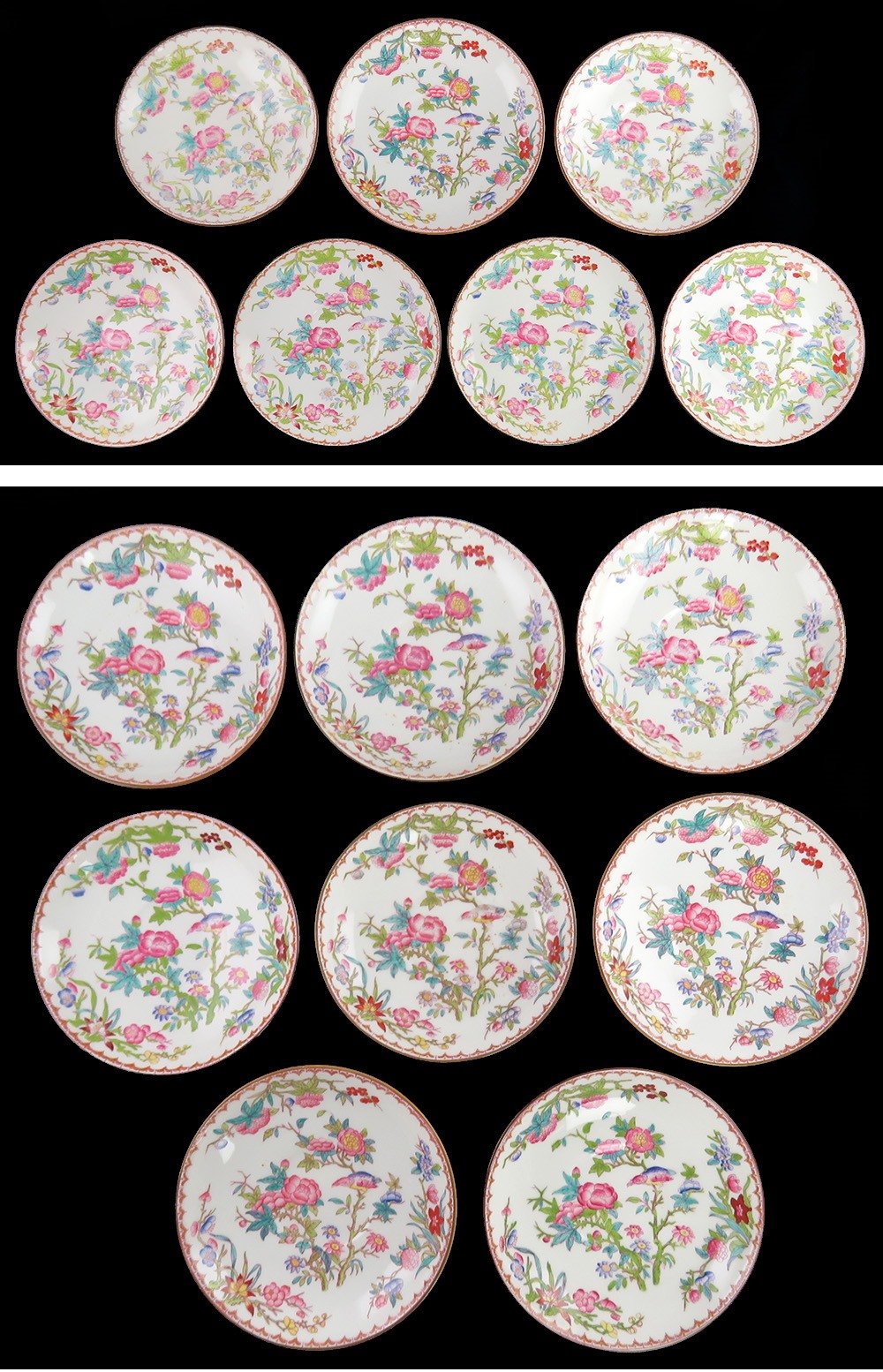 15 Antique English Porcelain Minton Bird Flower Pattern Bouillon Cups & Saucers