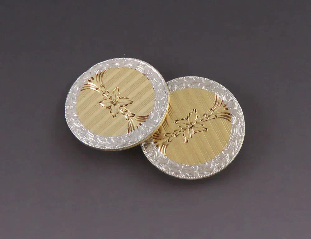 Antique c1915 Krementz 14K Yellow Gold Platinum Engraved Flower Cufflinks