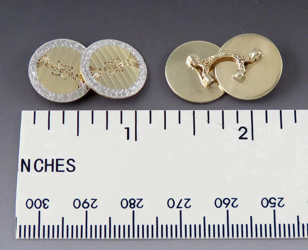 Antique c1915 Krementz 14K Yellow Gold Platinum Engraved Flower Cufflinks