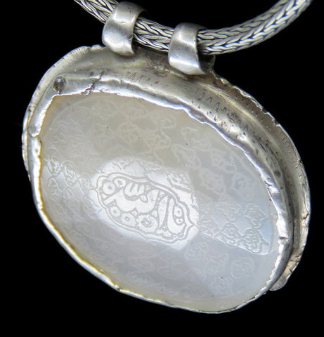 1700-mid 1800's Persian silver hand engraved chalcedony pendant necklace 