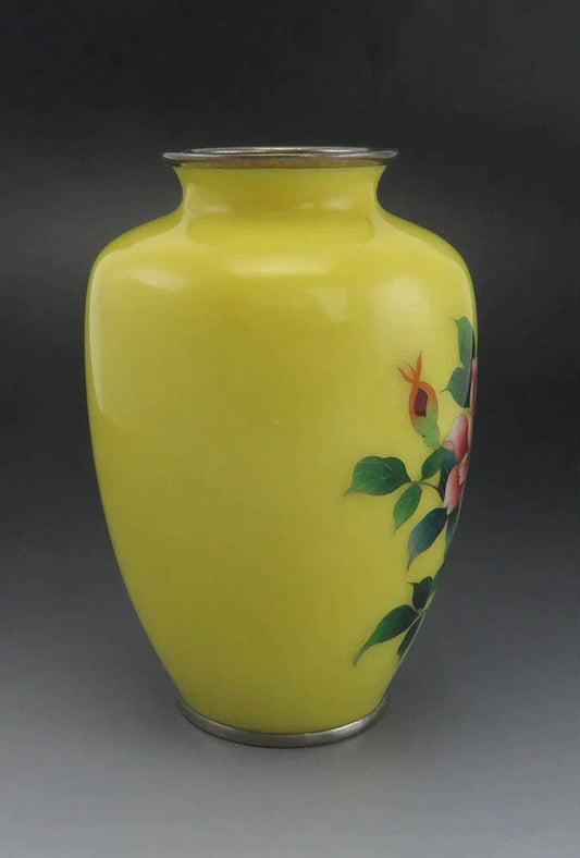 Lovely VTG Japanese Cloisonne Enamel Yellow Floral Roses Vase