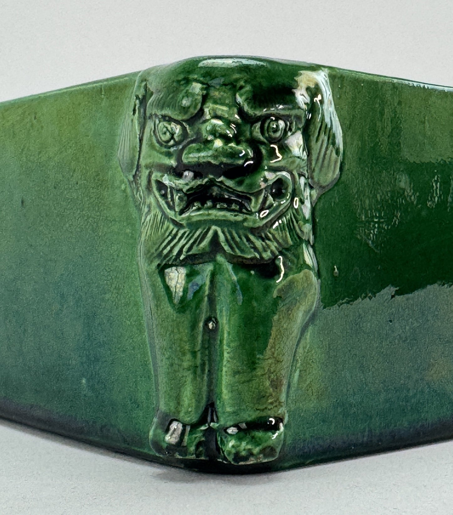 Beautiful Mid/Late 1800s Chinese Green Glazed Square Fu Lion Planter Jardiniere