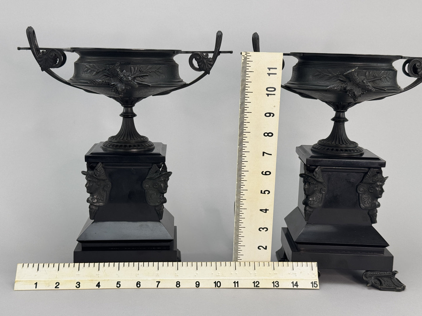 Ornate 1870s Pair French Bronze Grecian Kantharos Style Urns w Black Stone Bases