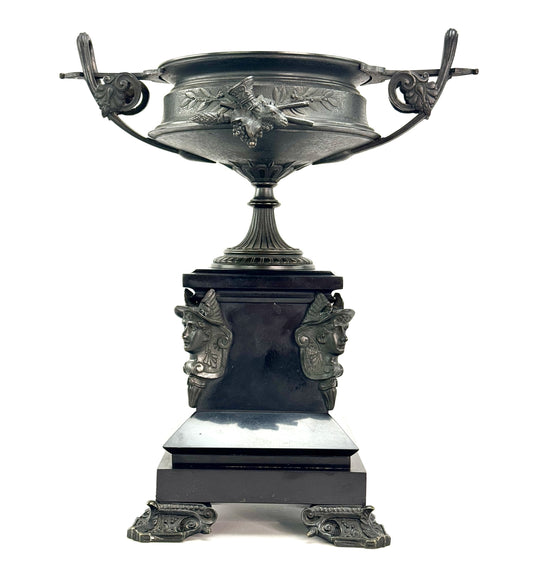 Ornate 1870s Pair French Bronze Grecian Kantharos Style Urns w Black Stone Bases