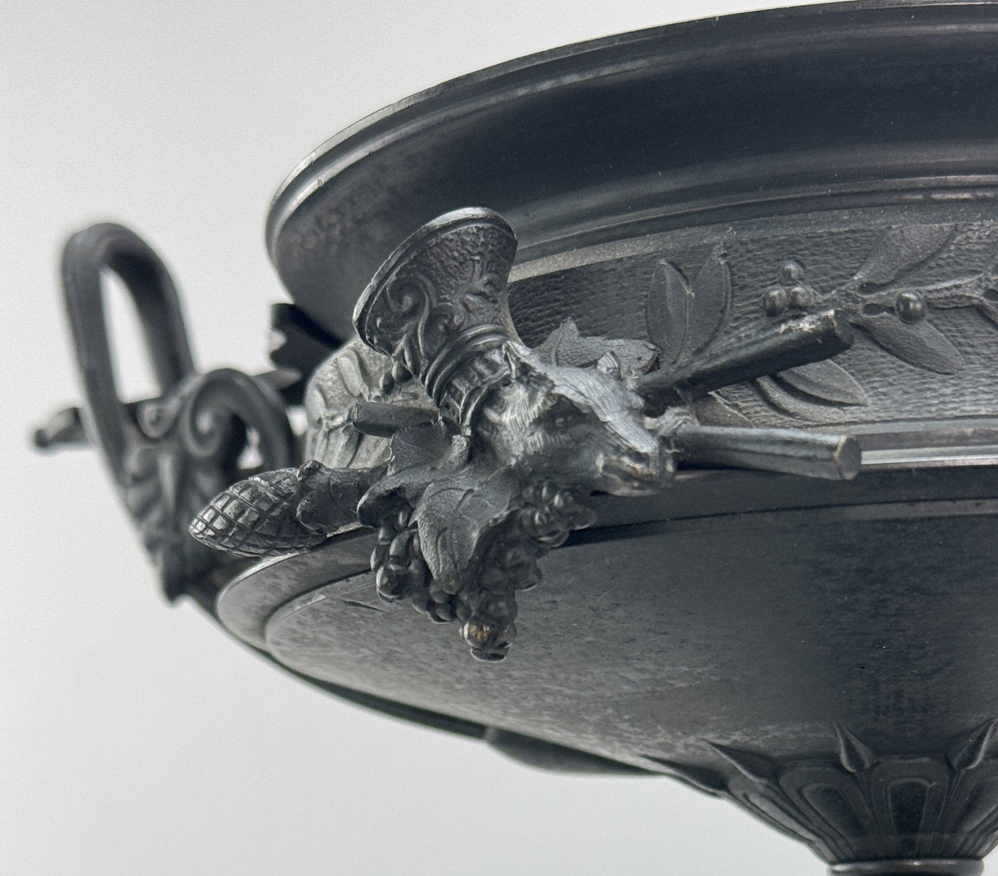 Ornate 1870s Pair French Bronze Grecian Kantharos Style Urns w Black Stone Bases