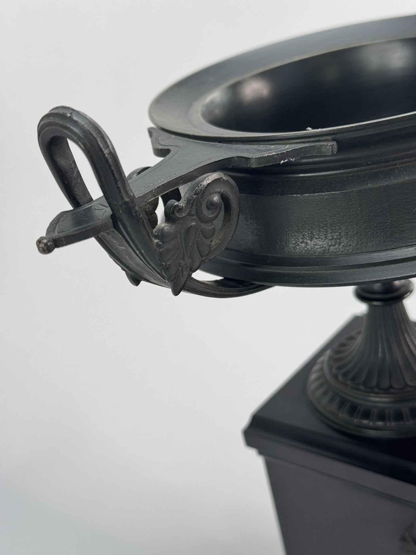 Ornate 1870s Pair French Bronze Grecian Kantharos Style Urns w Black Stone Bases