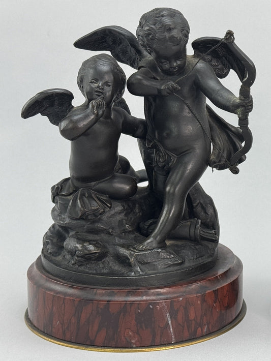 Superb Pair c1860s French Sevres Bronze Putti Cherub Statues w Red Marble Bases
