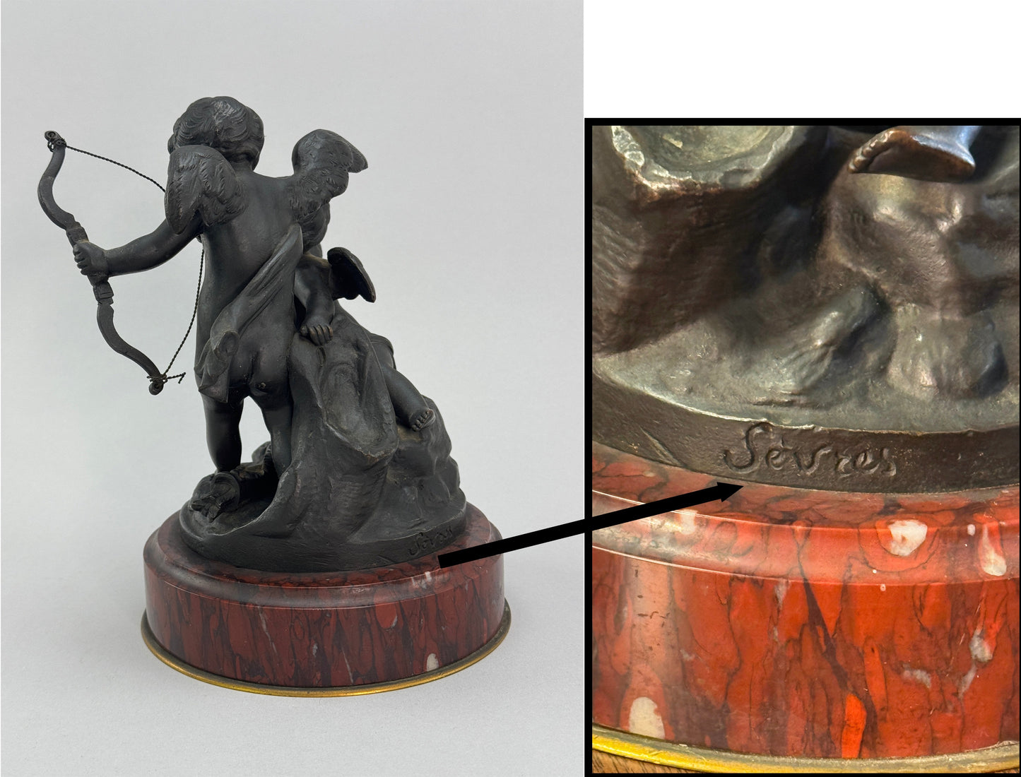 Superb Pair c1860s French Sevres Bronze Putti Cherub Statues w Red Marble Bases