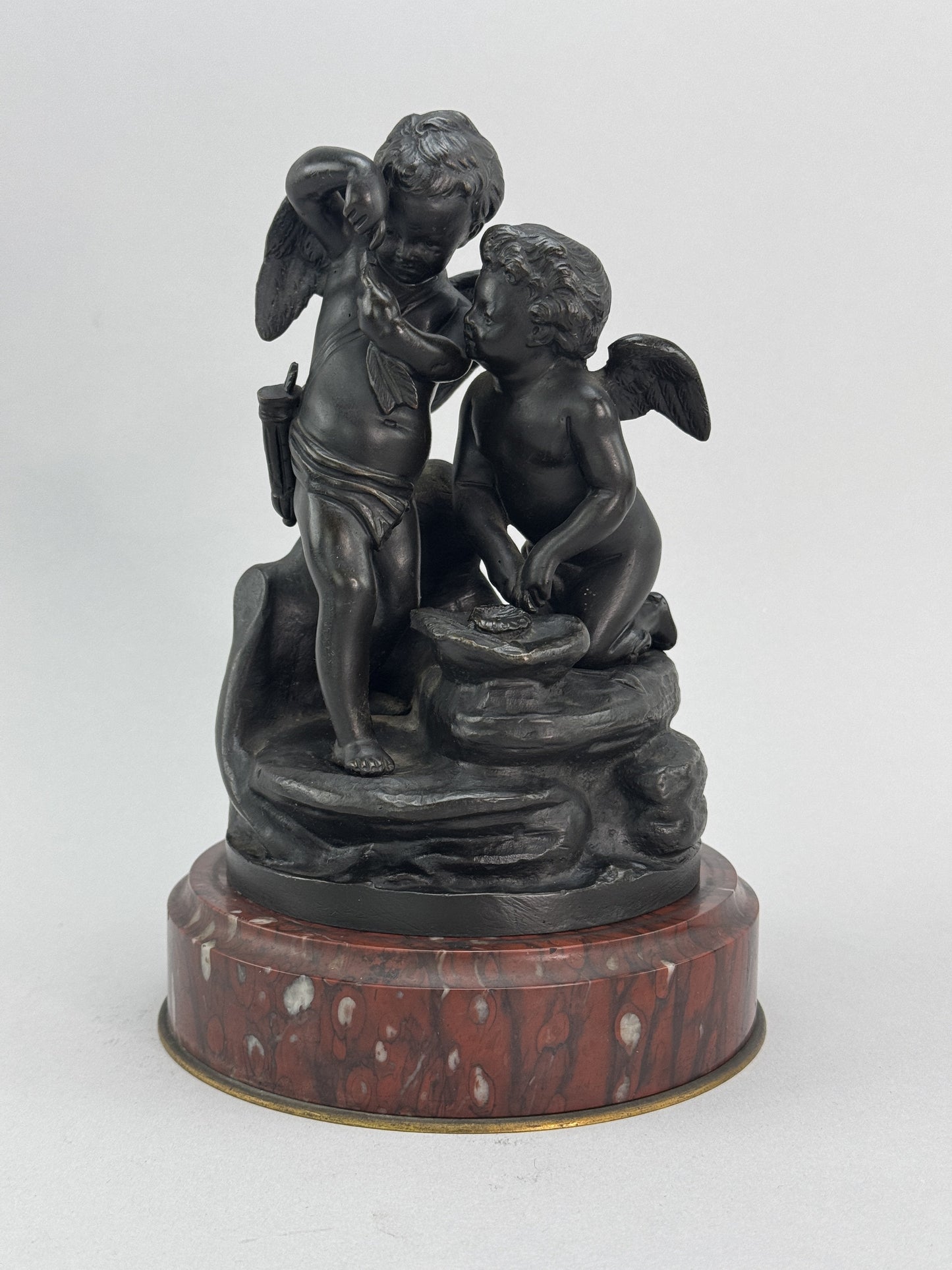 Superb Pair c1860s French Sevres Bronze Putti Cherub Statues w Red Marble Bases