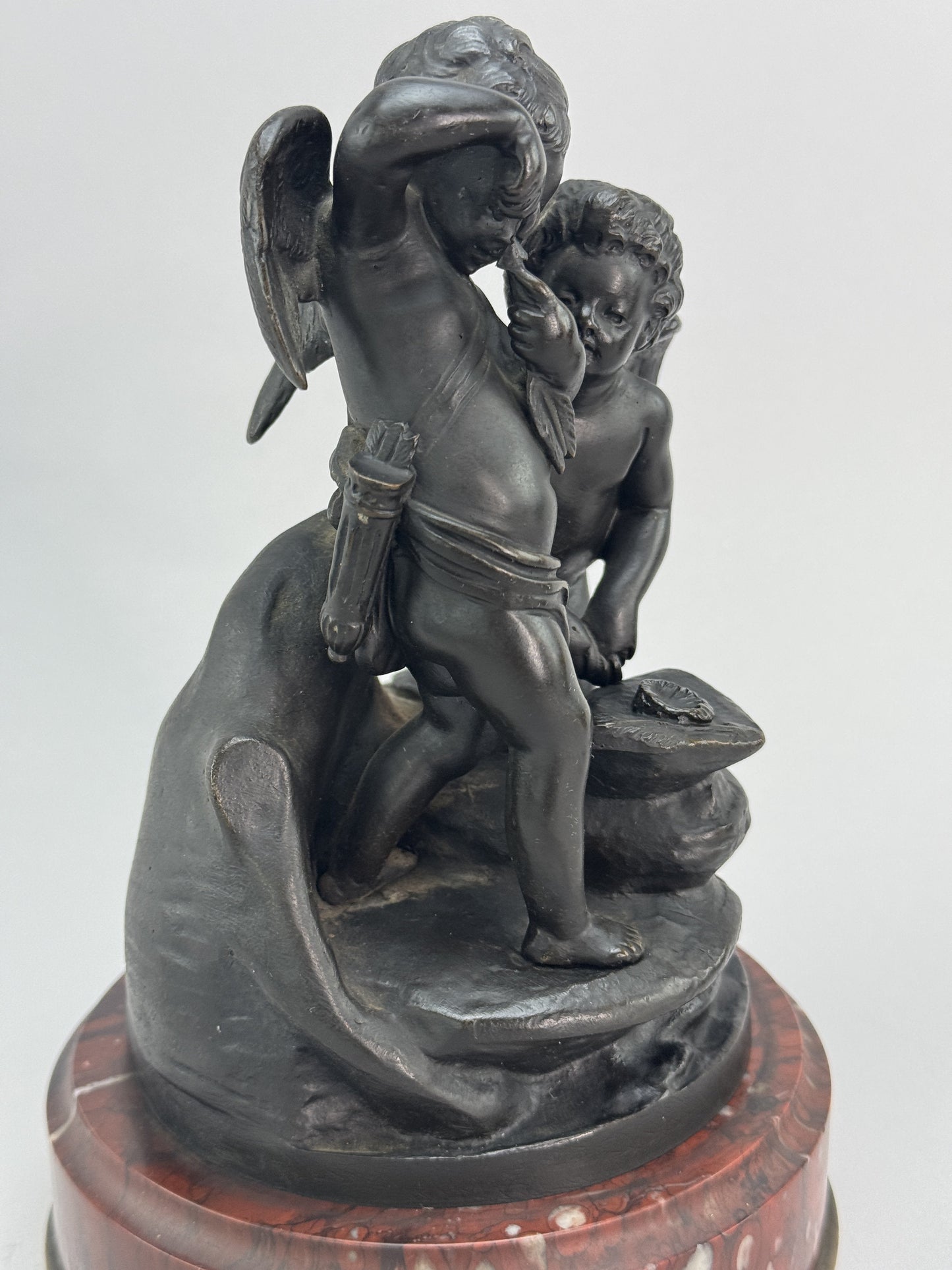 Superb Pair c1860s French Sevres Bronze Putti Cherub Statues w Red Marble Bases