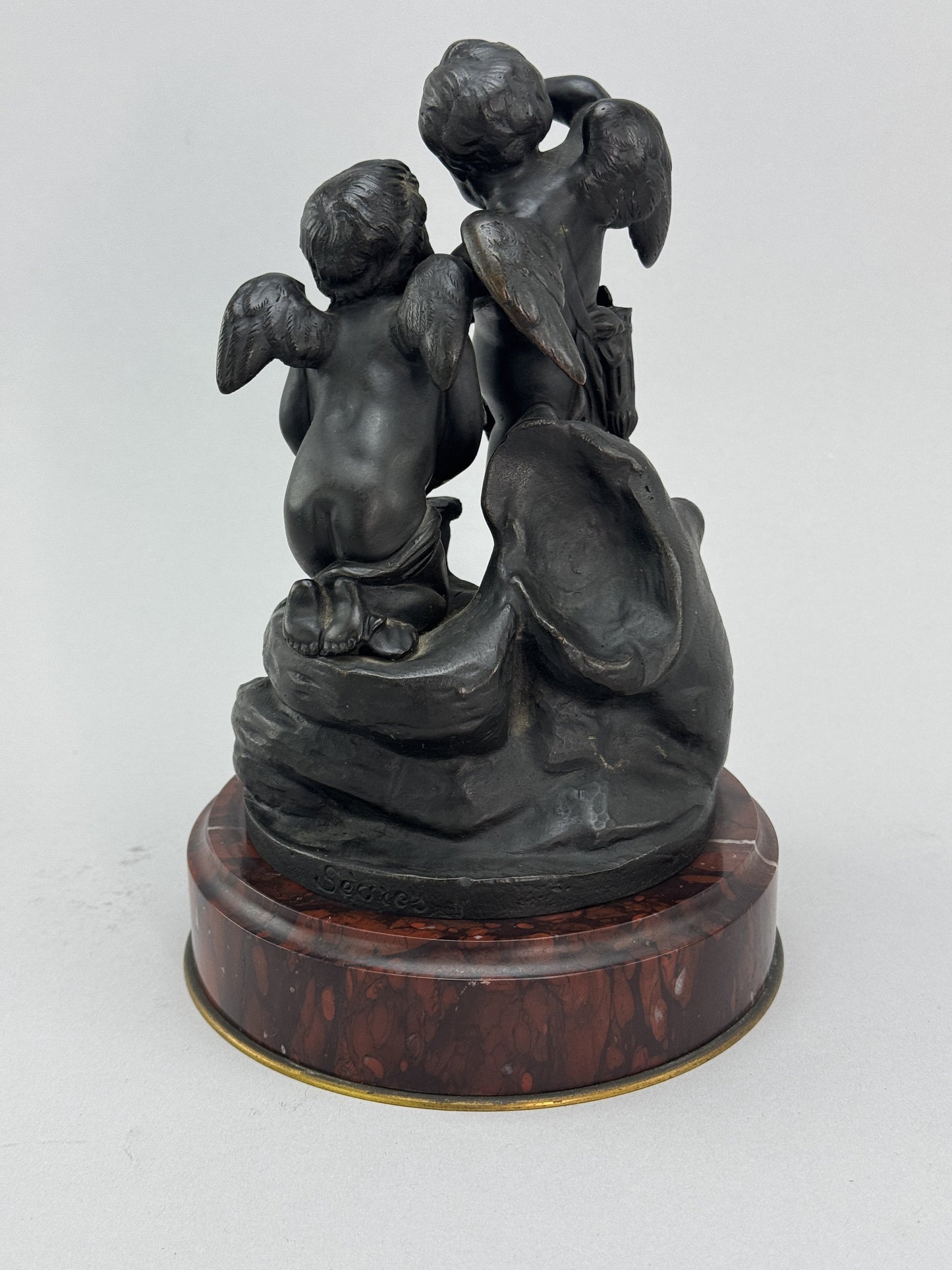 Superb Pair c1860s French Sevres Bronze Putti Cherub Statues w Red Marble Bases