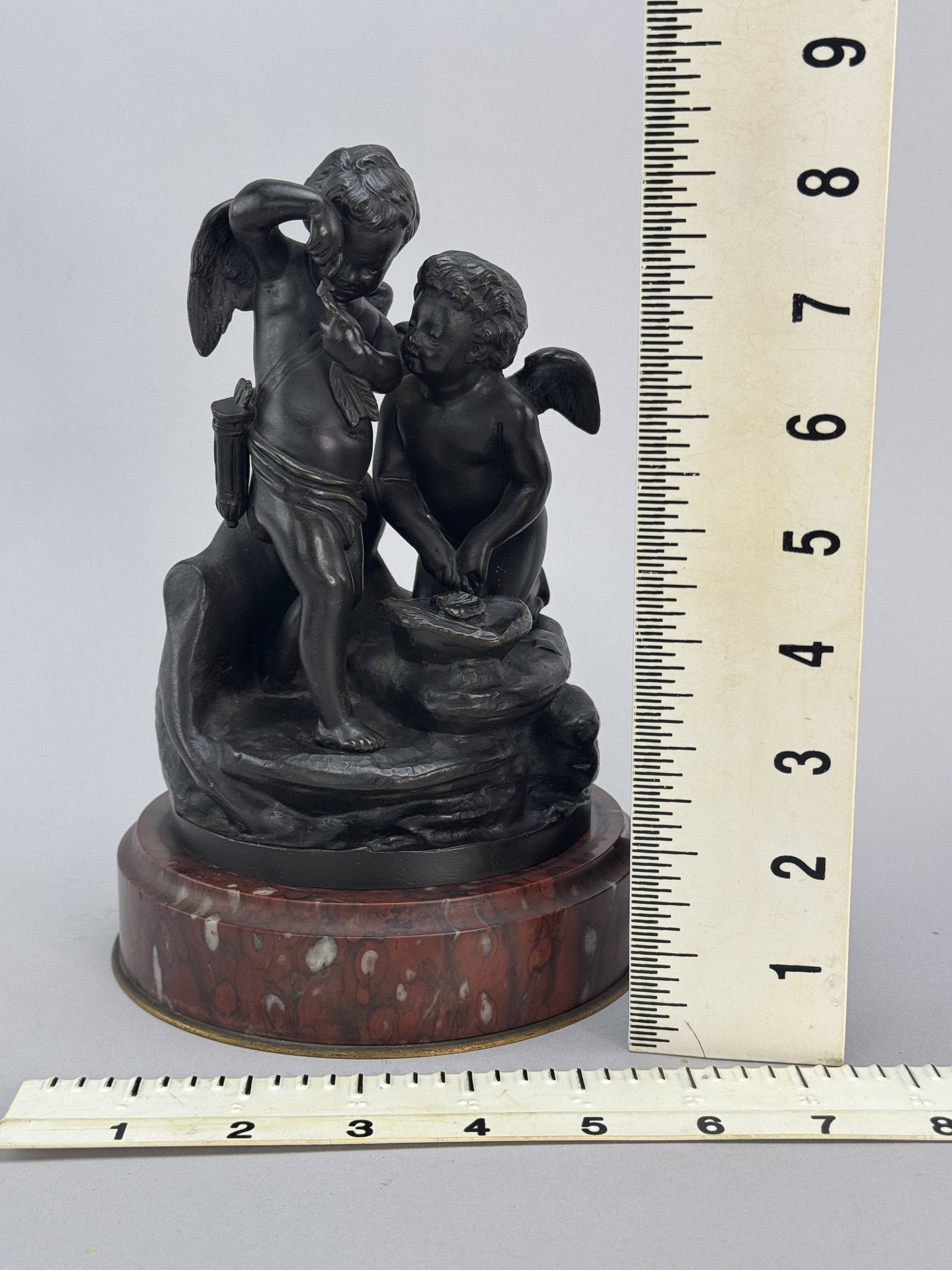 Superb Pair c1860s French Sevres Bronze Putti Cherub Statues w Red Marble Bases