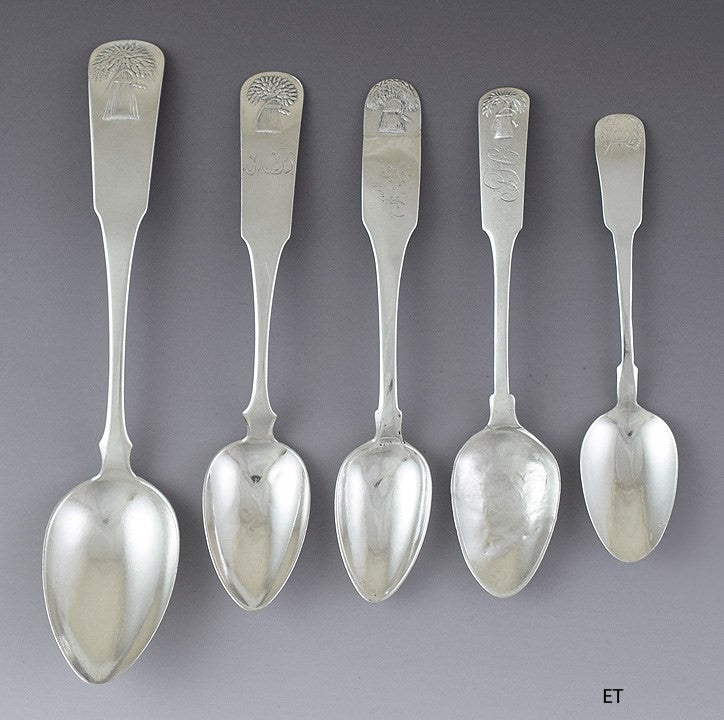 Great set 5 American Coin Silver Sheaf of Wheat Spoons