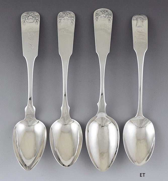 c1830s Great set 4 American Coin Silver Basket of Flower / Sheaf of Wheat Spoons