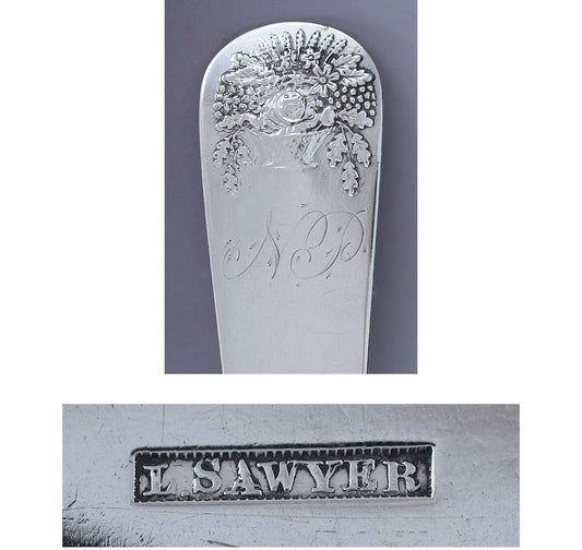 c1830s Great set 4 American Coin Silver Basket of Flower / Sheaf of Wheat Spoons