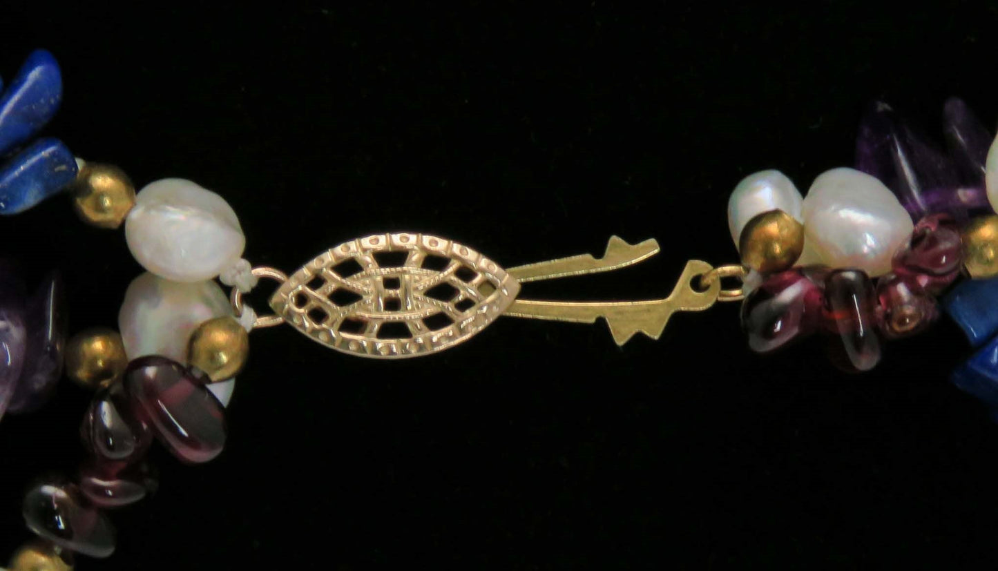 Modern Three Strand Amethyst Pearl Lapis & Garnet Necklace