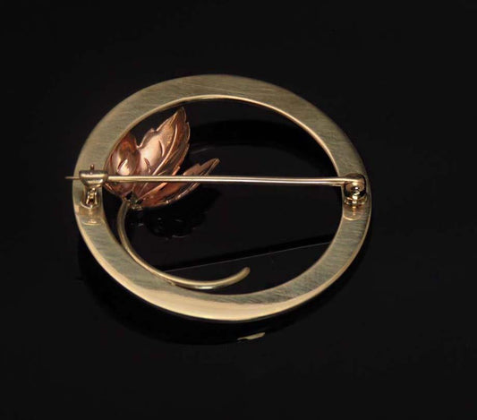 Retro American 10k Rose & Yellow Gold Brooch Pin w/ Leaves